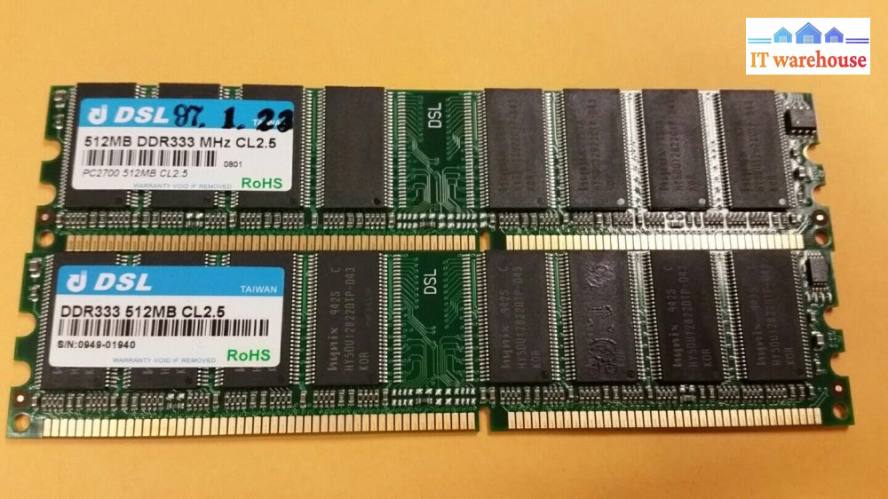 Lot Of 2 Dsl (512Mb Ddr Pc2700 333Mhz 184-Pin Dimm) Ram Module