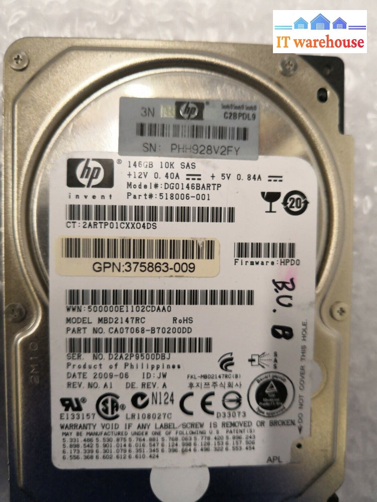 + Lot Of 2 Hp 518006-001 2.5’ 146Gb Sas Hard Drive @@@