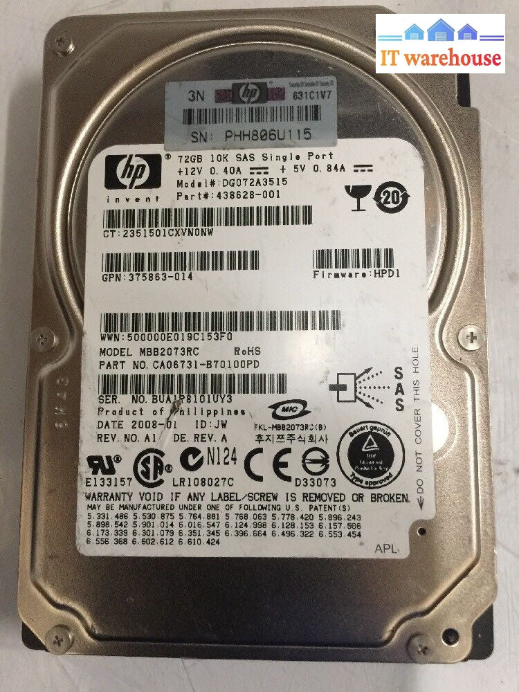 + Lot Of 2 Hp 72Gb 10K Sas Hard Drive Dg072A3515 438628-001 2.5’ Mbb2073Rc @@@