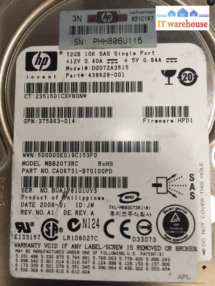 + Lot Of 2 Hp 72Gb 10K Sas Hard Drive Dg072A3515 438628-001 2.5’ Mbb2073Rc @@@