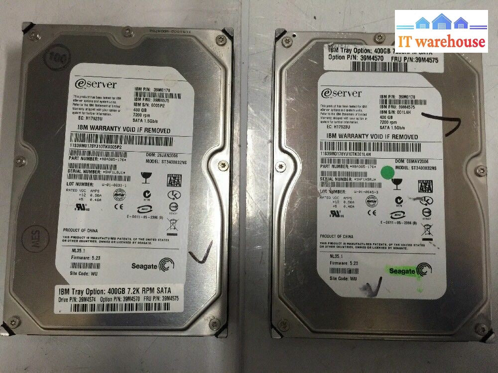 + Lot Of 2 Ibm 39M0178 400Gb Sata-1.5Gb 7.2K 8Mb 39M4575 @@@