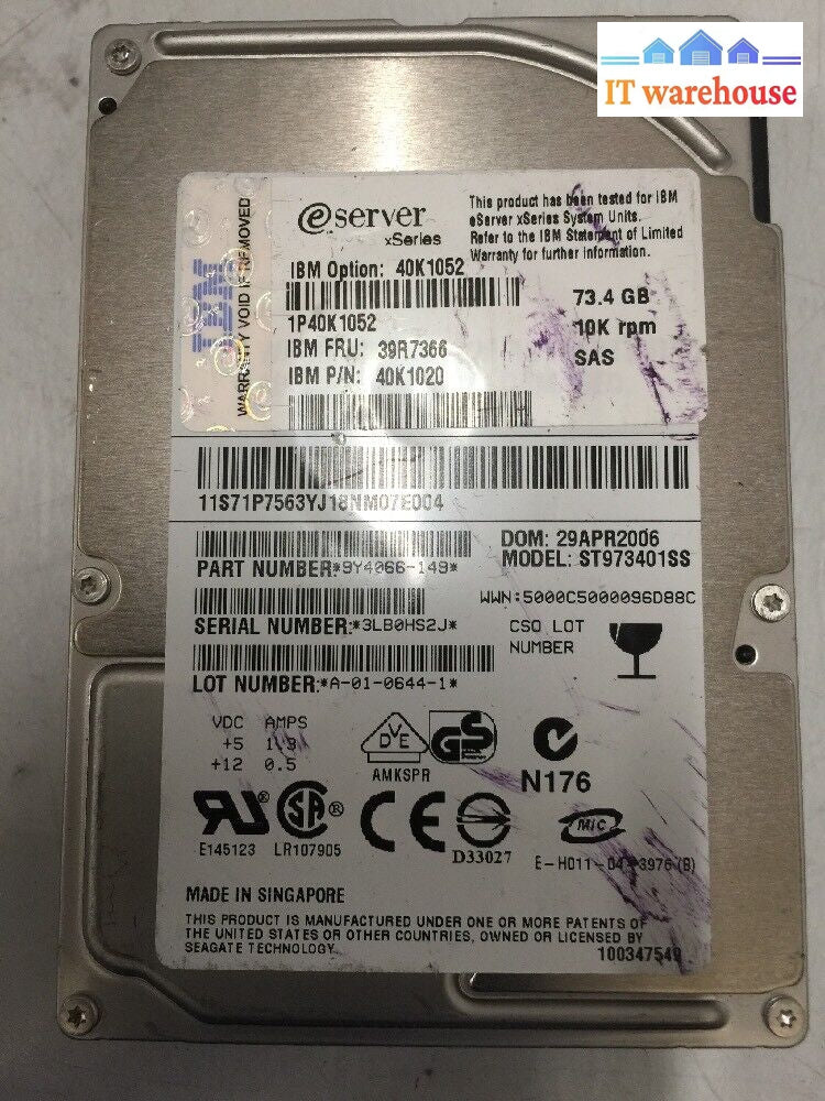 - Lot Of 2 Ibm Sas 73Gb 2.5’ 10K Hard Drive 39R7366 40K1052