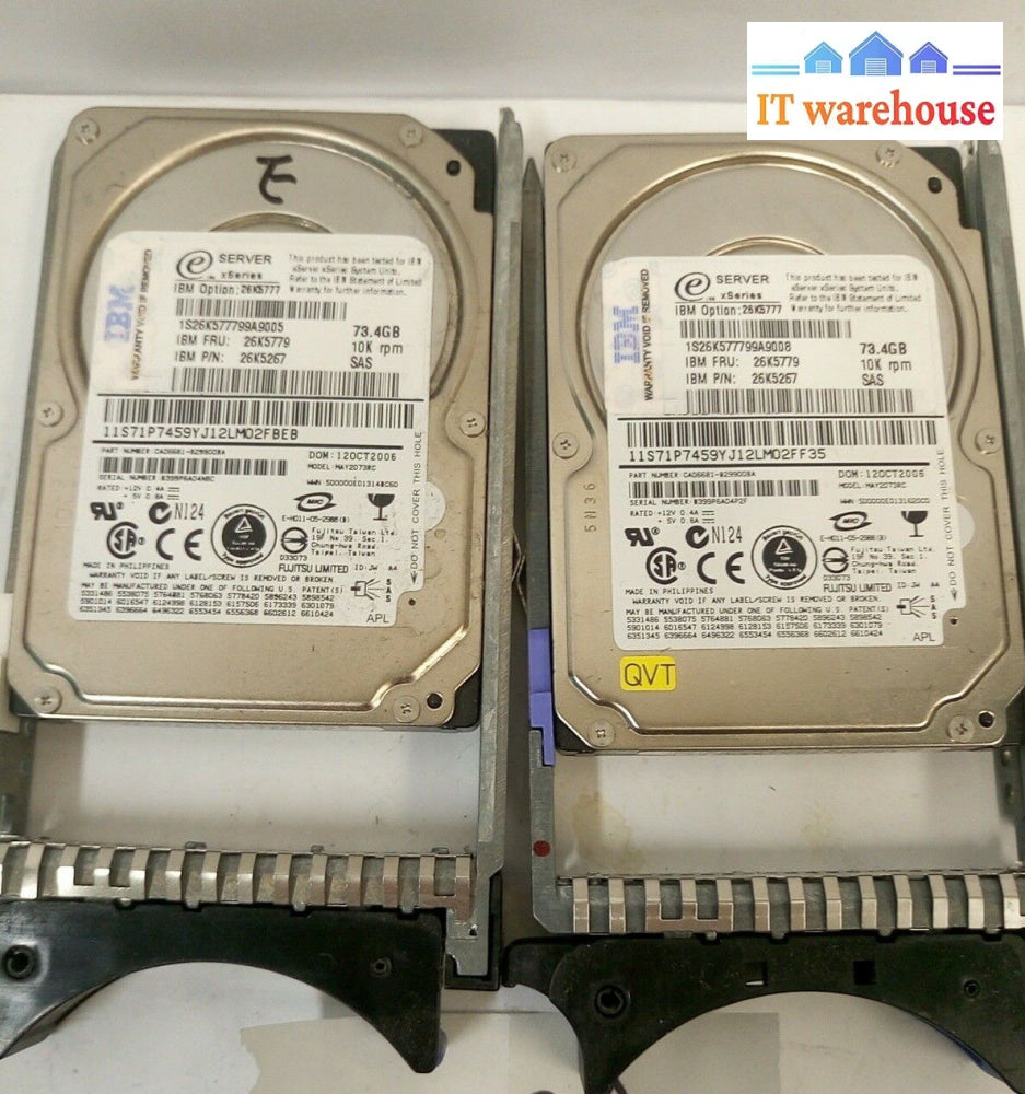 - Lot Of 2X Ibm 26K5777 73.4Gb 10K Rpm 2.5’ Sas 26K5779 Hdd W/Tray