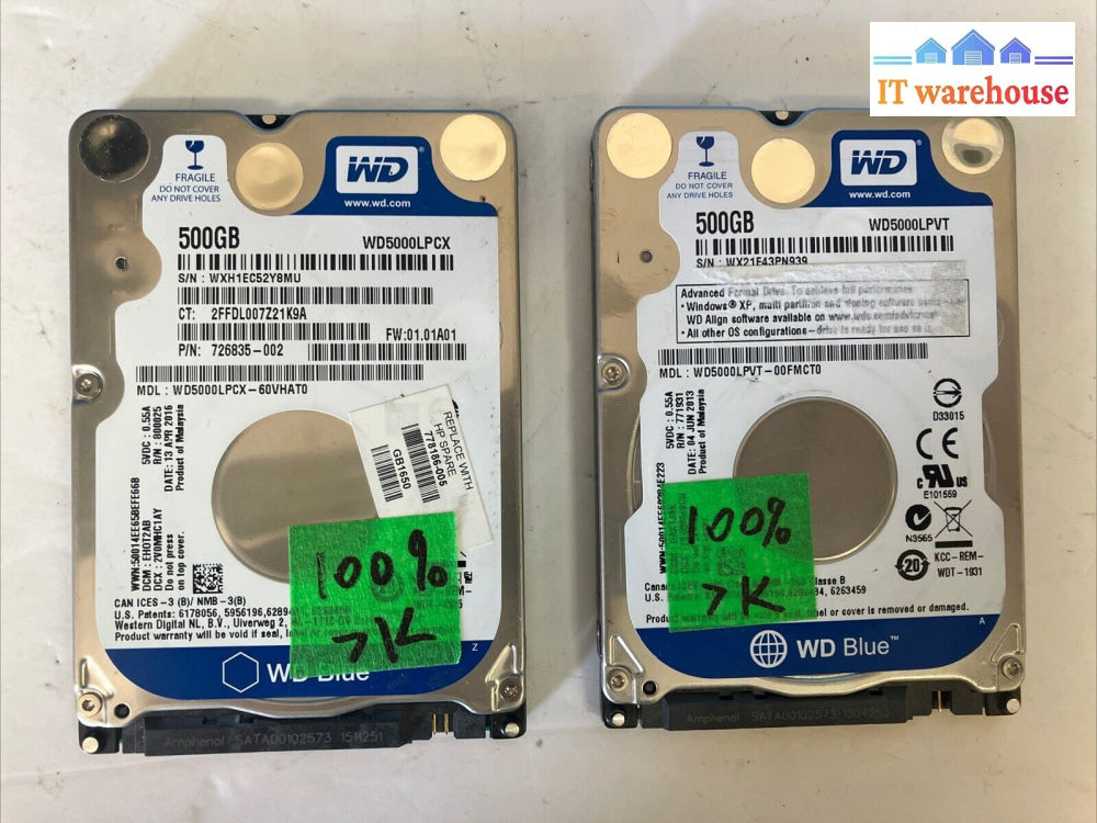 (Lot Of 2X) Wd Blue Wd5000Lp 500Gb Sata 2.5’’ Hard Drive Hdd (1000 Days Remain) ~