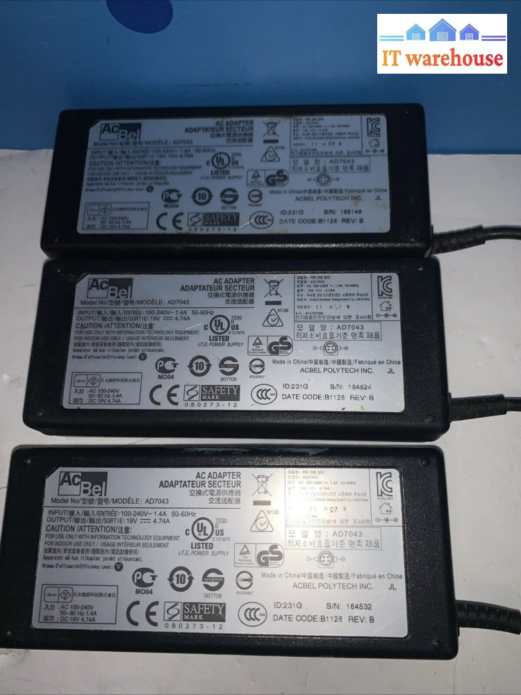 Lot Of 3 Genuine Acbel Ad7043 Switching Power Supply Ac Adapter 19V 4.74A W/Pc