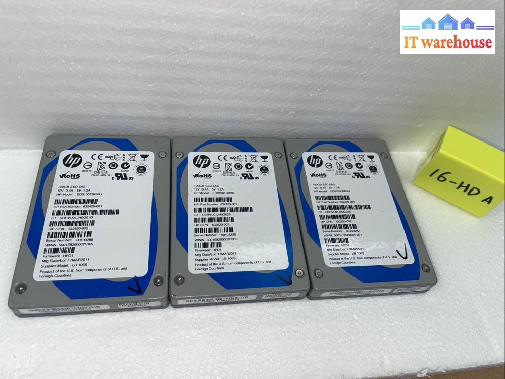 Lot Of 3 Hp 100Gb Sas Slc Ep 6G 2.5’’ Solid State Drive 632520-002 632429-001