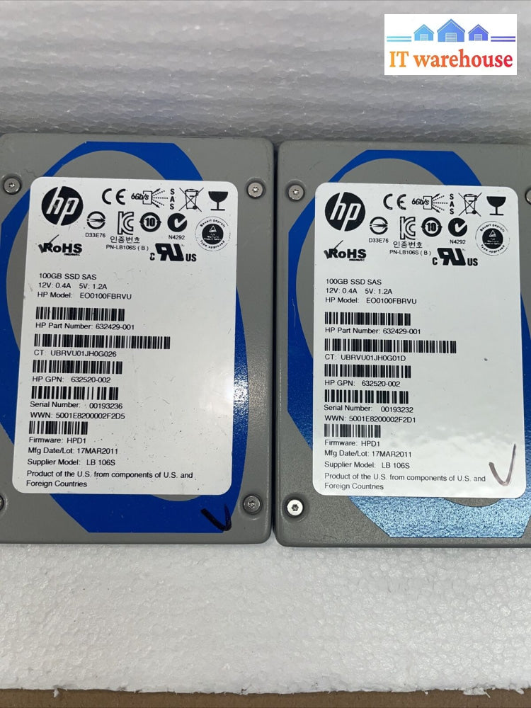 Lot Of 3 Hp 100Gb Sas Slc Ep 6G 2.5’’ Solid State Drive 632520-002 632429-001