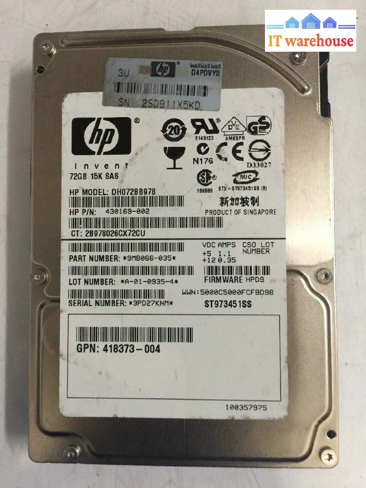 + Lot Of 3 Hp Dh072Bb978 2.5” Sas Hard Drive 430169-002 72G 15K Hpd9