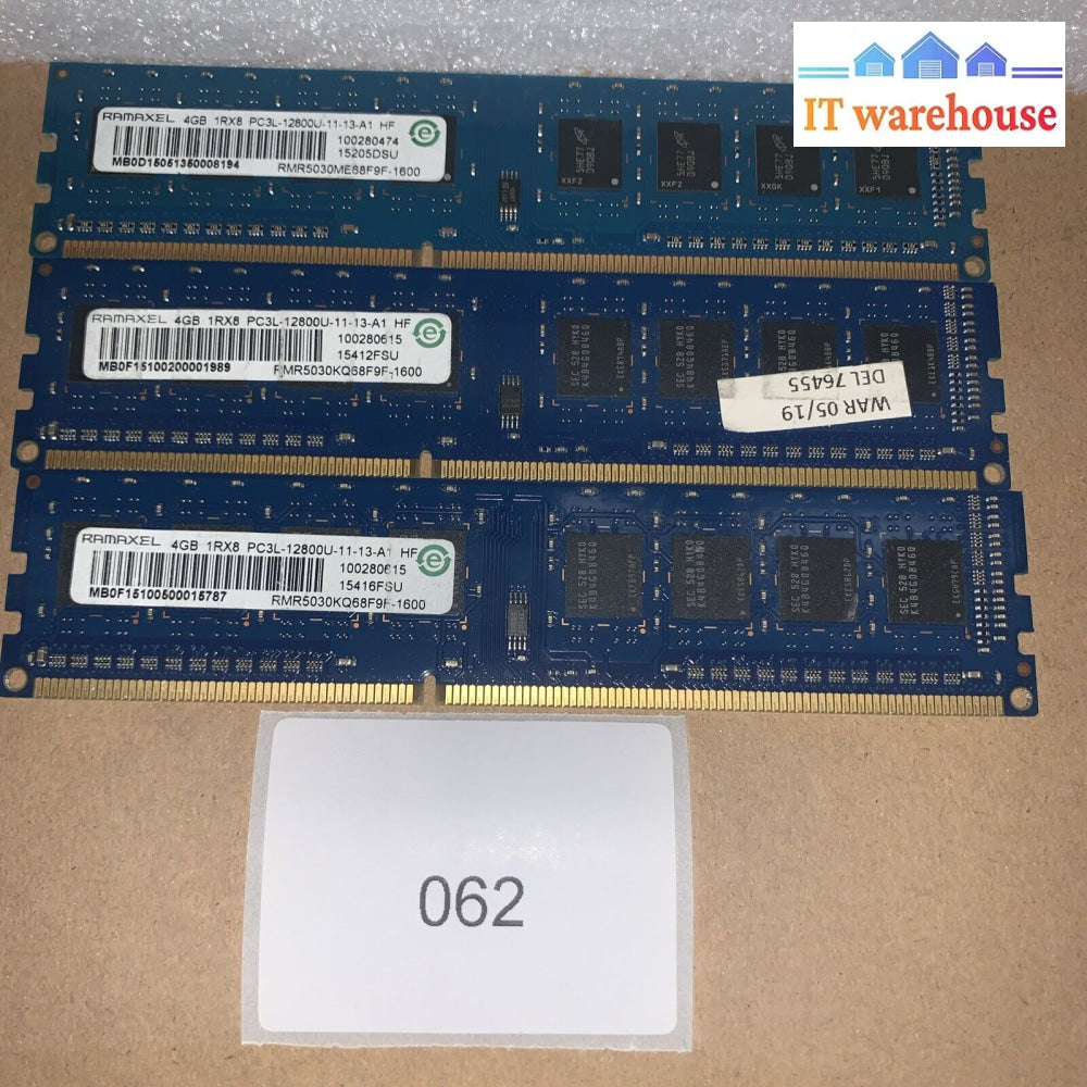 Lot Of 3 Ramaxel 4Gb 1Rx8 Pc3L-12800U-11-13-A1 Hf Ddr3 Desktop Memory