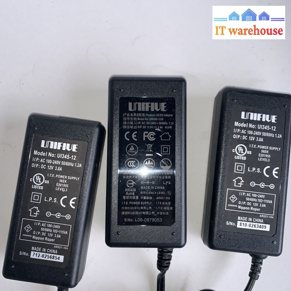 Lot Of 3 Unifive Ui345-1238 Output 12 V 3.8 A Power Supply Adapter