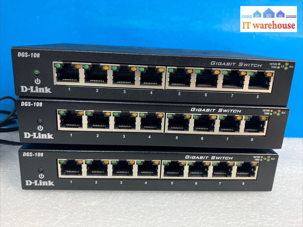 (Lot Of 3X) D-Link 8-Port Gigabit Metal Ethernet Switch Dgs-108 With Adapters ~