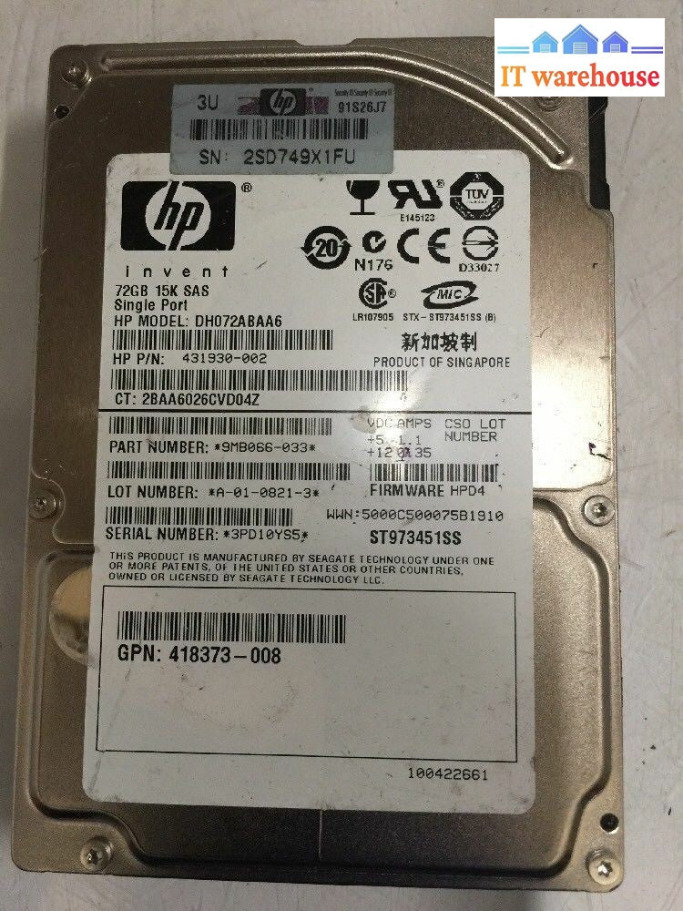 + Lot Of 4 Hp 72Gb 15K 2.5’ Sas Hard Drive W Tray 431930-002 Dh072Abaa6 Hpd4 @@@