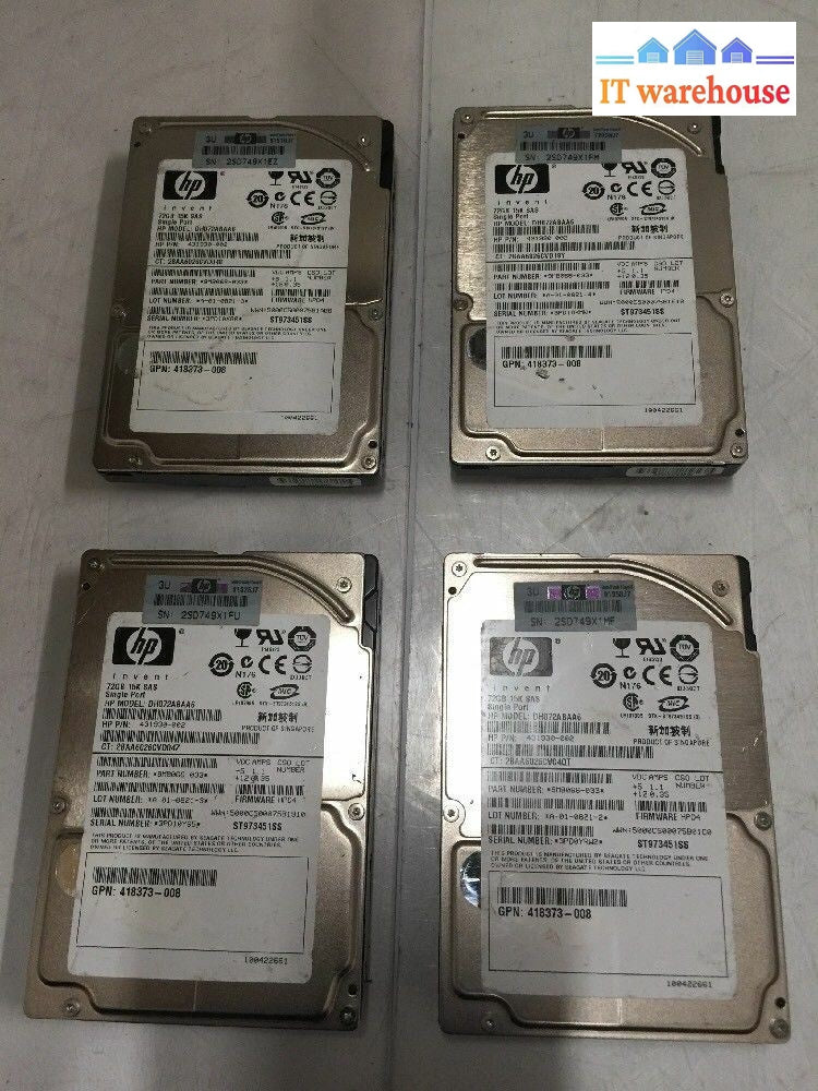 + Lot Of 4 Hp 72Gb 15K 2.5’ Sas Hard Drive W Tray 431930-002 Dh072Abaa6 Hpd4 @@@