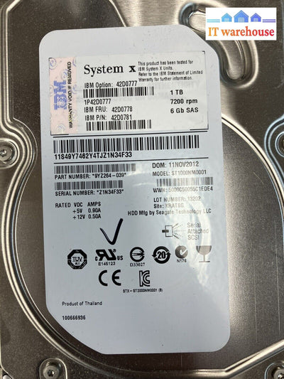 ~ Lot Of 4 Ibm 1Tb 7.2K 6G 3.5” Sas 42D0778 42D0777 42D0781 Hd W/ Caddy 42R4131