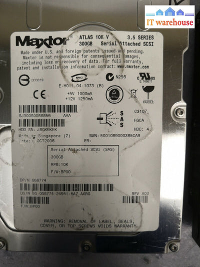 + Lot Of 4 Maxtor Atlas 10K 300Gb 10000Rpm 3.5’ Sas Server Hard Drive 0G8774