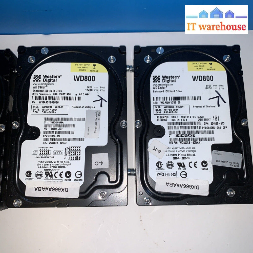 Lot Of 4 Wd 80Gb Ide Caviar Wd800 7200 Rpm 3.5’ Hard Drive (1000 Days Remaining)