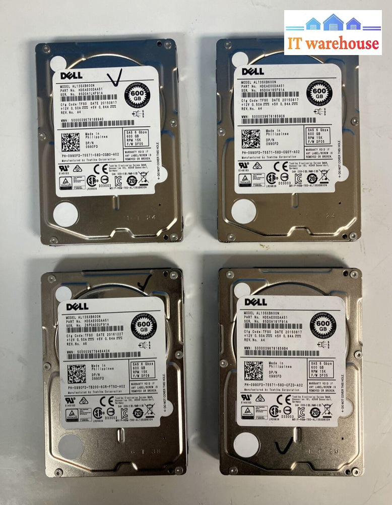 (Lot Of 4X) Dell Al13Sxb600N 15K Rpm 600Gb 2.5’ Laptop Hdd Hdeae00Daa51 0990Fd ~