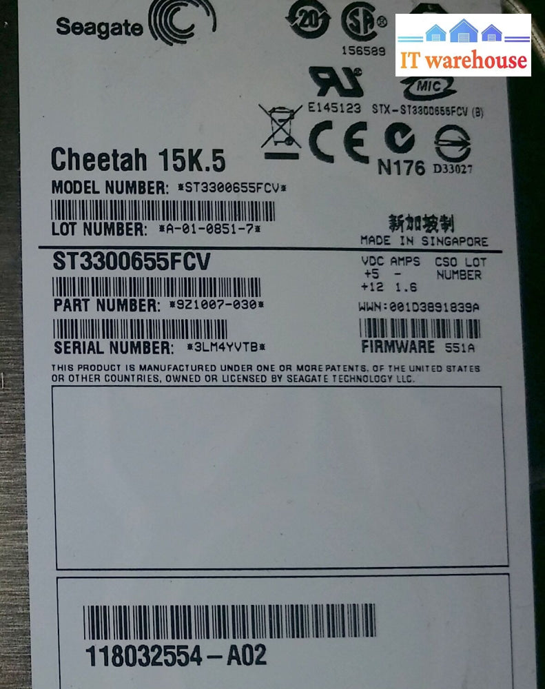 Lot Of 6 Seagate Cheetah 15K 300 Gb St3300655Fcv 9Z1007-030 Fireware 551A @@@