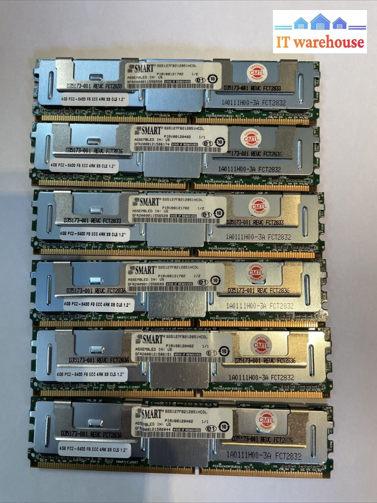 Lot Of 6 Smart 4Gb Sg5127Fbd12852Hcdl Pc2-5300 Ddr2 Fb Ecc Sdram (Server) Memory