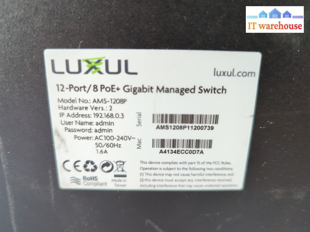 Luxul Ams-1208P Rackmount 12 Port/8 Poe Gigabit Managed Switch -