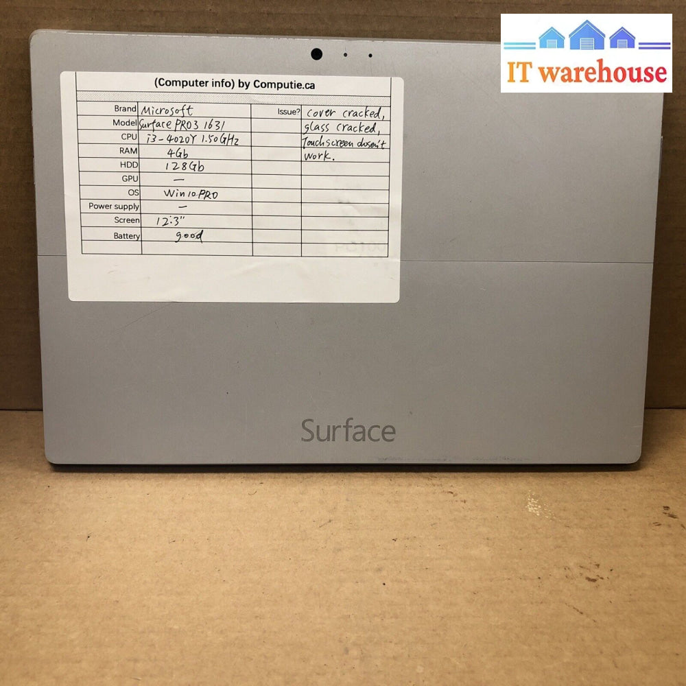 $ Microsoft Surface Pro 3 1631 I7 4020Y 1.5Ghz 4Gb/128Gb Ssd Win10 Pro - Cracked