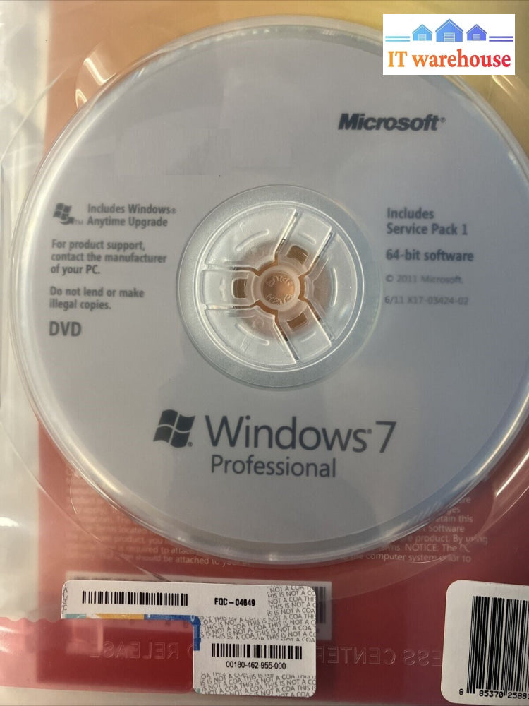 Microsoft Windows 7 Professional X64 English Dvd X10-63162 Fqc-04649 (No Key) ~