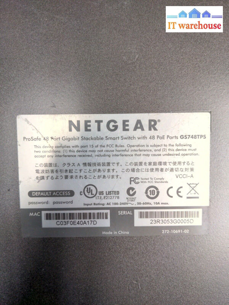 - Netgear Prosafe Gs748Tps 48 Port Gigabit Poe Stackable Smart Switch