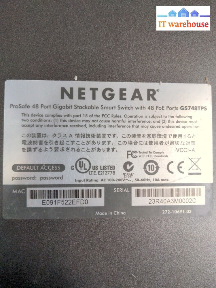 NETGEAR ProSafe GS748TPS 48 Port Gigabit PoE Stackable Smart