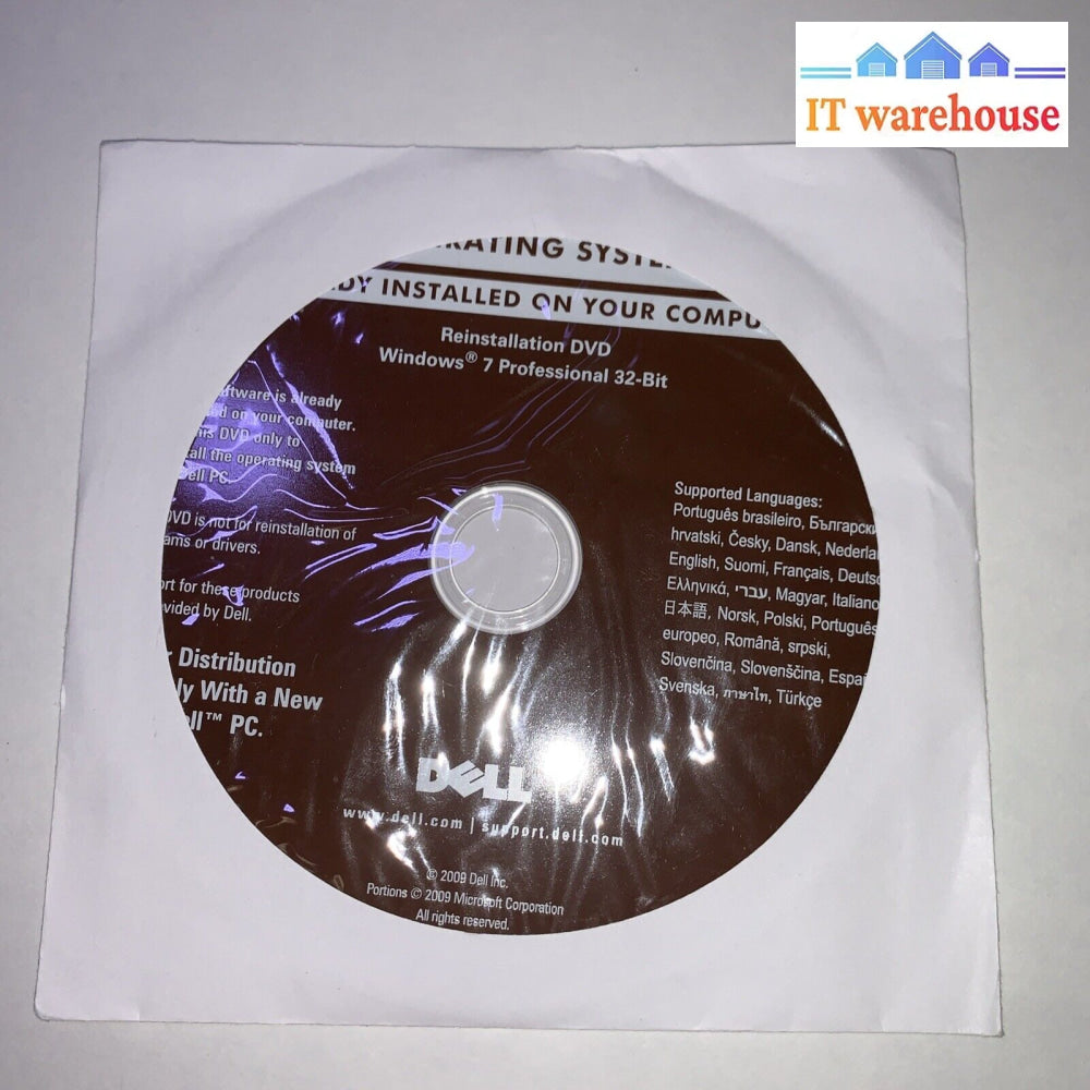 New Dell Windows 7 Professional 32-Bit Os Reinstallation Dvd