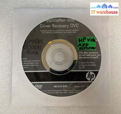 ~New Hp Compaq Windows Vista 32-Bit Application & Driver Recovery Dvd 481215-B22