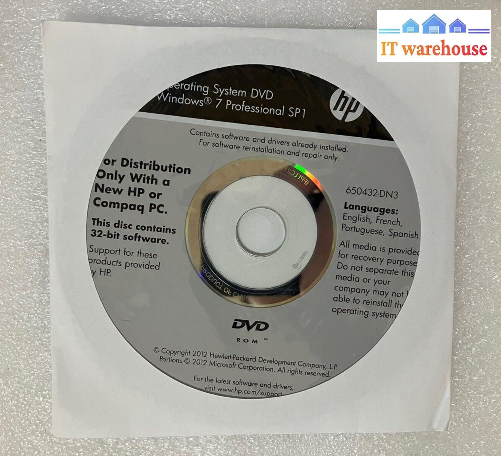 ~ New Hp Microsoft Windows 7 Professional Sp1 32-Bit Reinstallation Dvd (No Key)