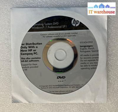 ~ New Hp Windows 7 Professional 64-Bit Reinstallation Dvd 4 Languages (No Key)