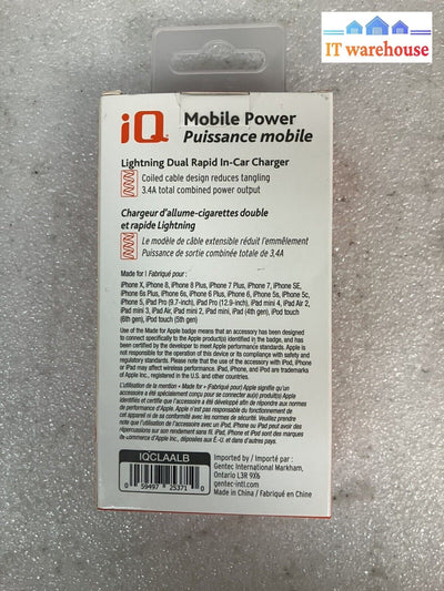 ~ New Iq Mobile Power 1.2M (4Ft) Rapid In-Car Charger For Iphone/Ipod/Ipad