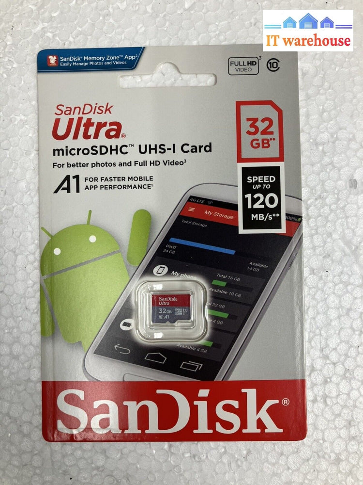 ~ New Sandisk Micro Sd Memory Card - 32Gb Microsdhc Uhs-I Ultra 120Mb/S