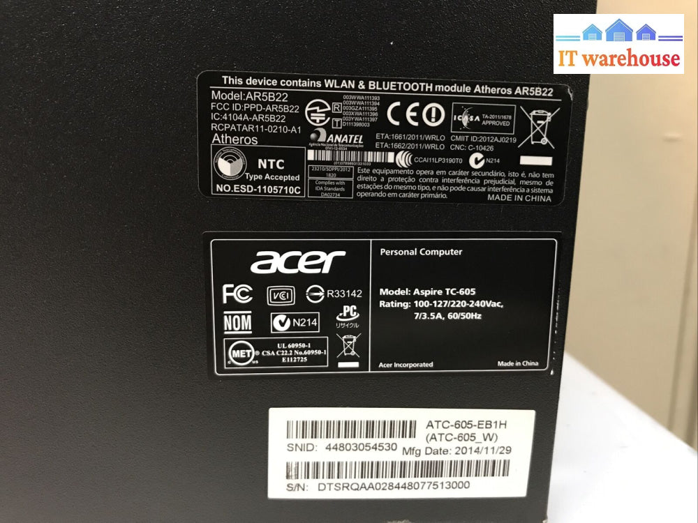 Nice) Acer Aspire Tc-605 Desktop I5-4460 3.2Ghz 16Gb 1Tb Win10 (R7 240 2Gb Gpu)