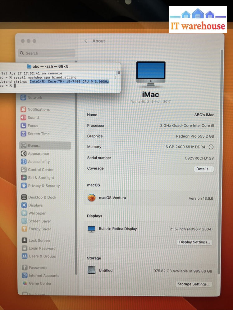 (Nice) Apple Imac 21.5’ Retina 4K Pc A1418 Intel I5-7400 Cpu 16Gb Ram 1Tb Ssd ~
