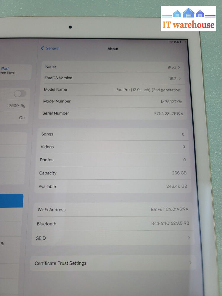 - (Nice) Apple Ipad Pro 2 12.9’ 256Gb Wifi A1670 Tablet Ios 16.2 (Bypass Read)