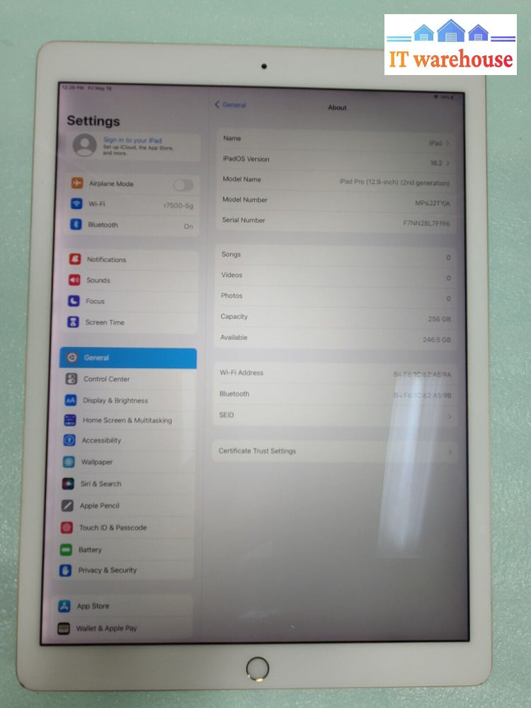 - (Nice) Apple Ipad Pro 2 12.9’ 256Gb Wifi A1670 Tablet Ios 16.2 (Bypass Read)