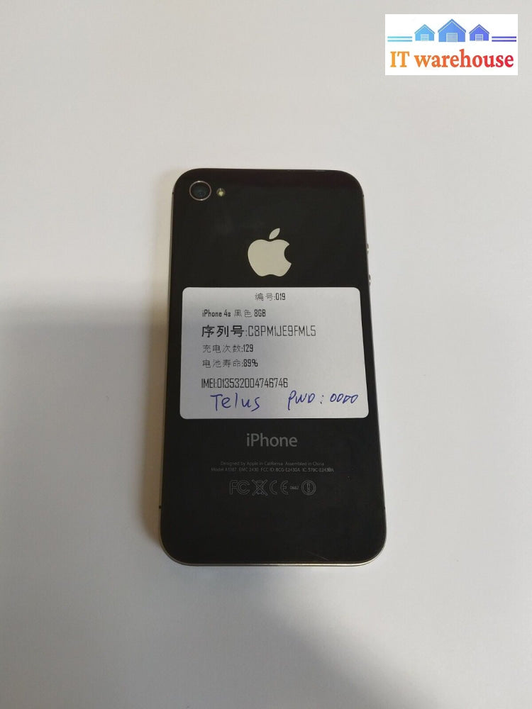 Nice@ Apple Iphone 4S 8Gb (Carrier: Telus) Cell Phone