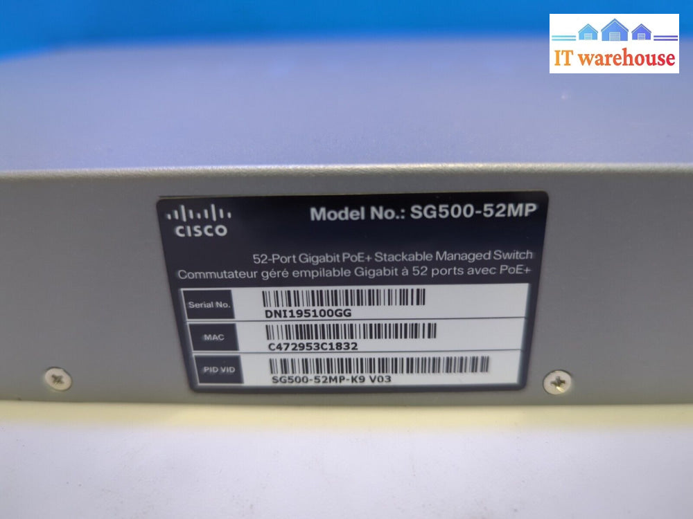 (Nice) Cisco Sg500-52Mp-K9 V03 52-Port Gigabit Poe + Managed Switch W/Mount -