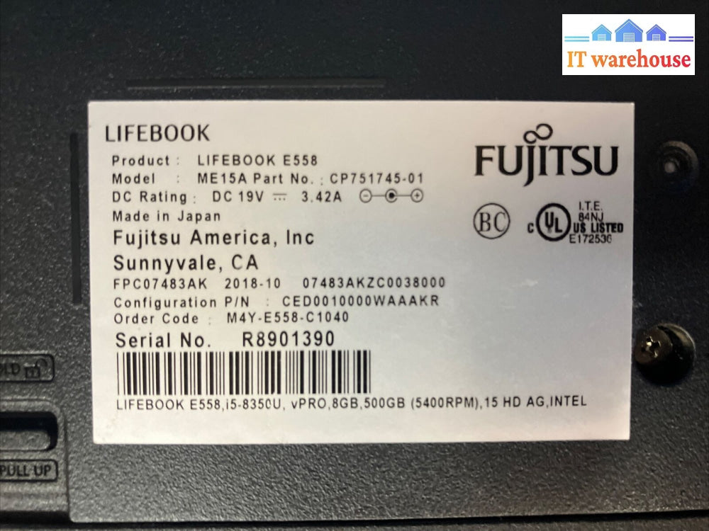 (Nice) Fujitsu Lifebook E558 15.6’ Laptop I5-8350U 16Gb Ram 500Gb Ssd Win11P ~