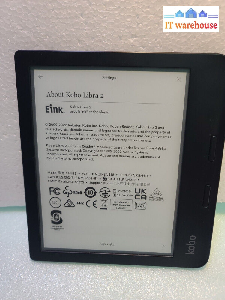 - (Nice) Kobo Libra 2 N418 7’ Touchscreen Wifi 32Gb Ereader Black