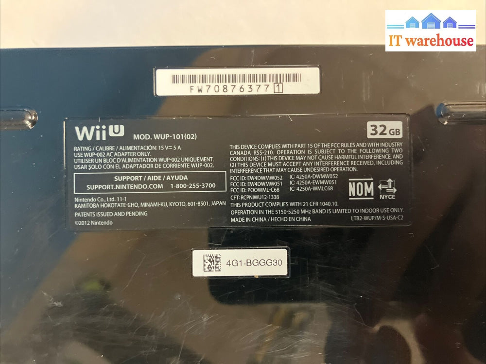 Nintendo Wii U 32Gb Black Console Wup-101 & Gamepad Wup-010 Ac Adapter *Tested ~