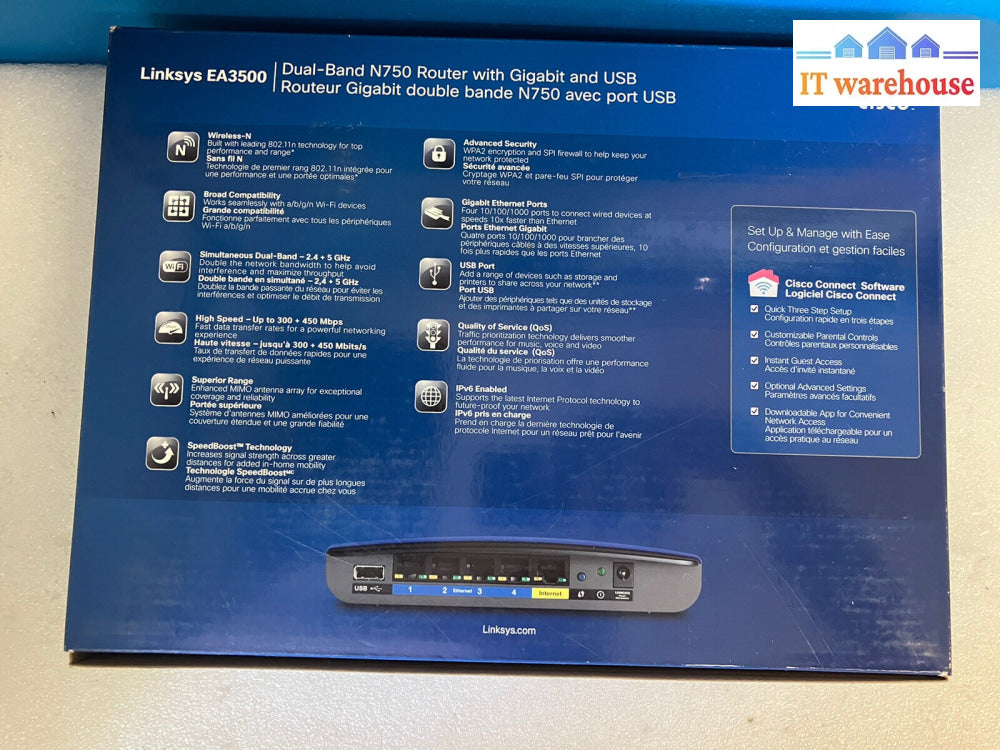 ~Open Box Cisco Linksys Ea3500 Dual Band N750 Router W/Gigabit & Usb App Enabled