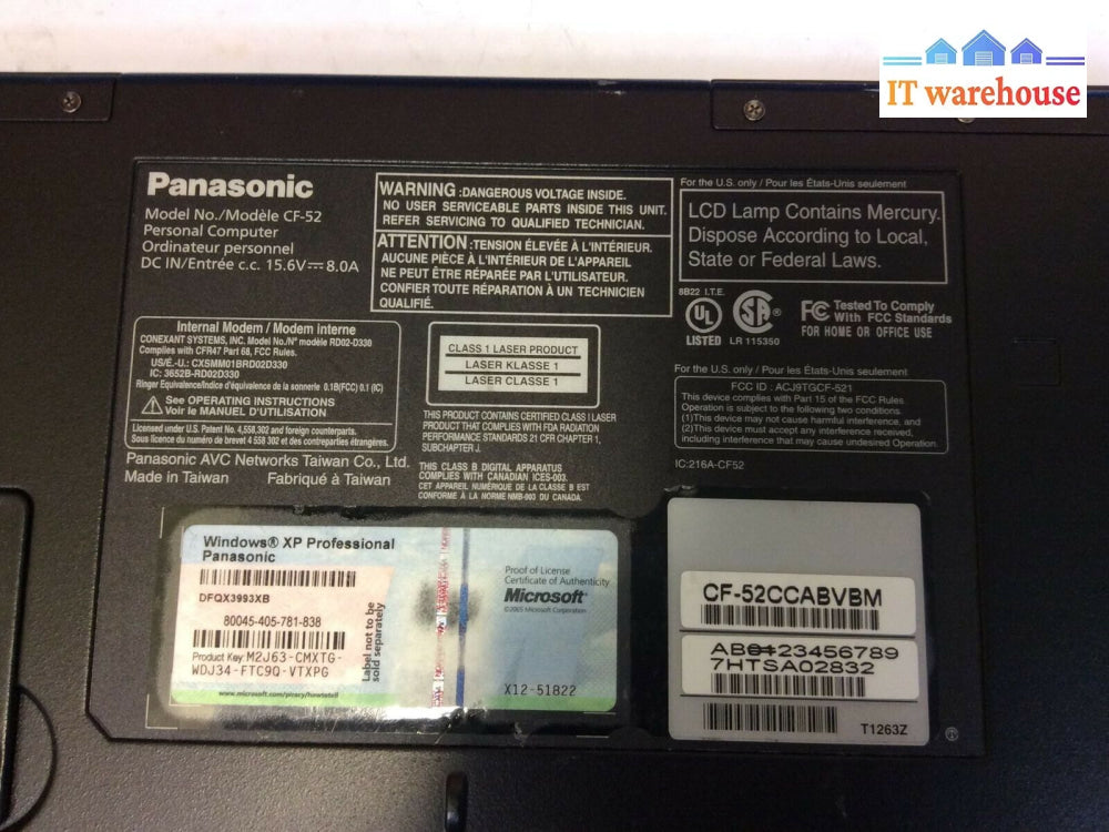 Panasonic Toughbook Cf-52 15.4’Laptop C2D T7100 1.8Ghz 4Gb New 128Gb Ssd Winxp