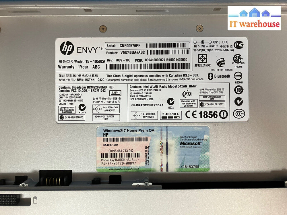 ~ (Parts) As Is Hp Envy 15-1050Ca Laptop I7 Q720 1.6Ghz / 4Gb 500Gb Hdd (Read)