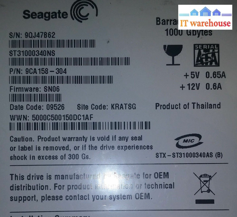 Pcb - St31000340Ns P/N: 9Ca158-304 F/W: Sn06 Site: Kratsg Seagate 1000Gb Sata