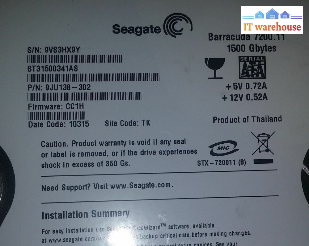 Pcb - St31500341As 9Vs Tk Pn 9Ju138-302 Fw Cc1H Seagate 1.5Tb Sata 3.5