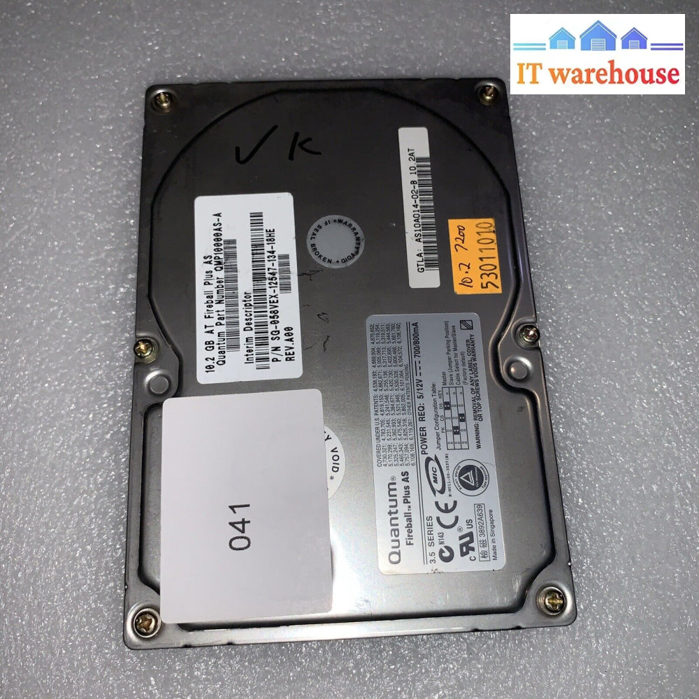 Quantum Fireball Plus As 10.2Gb Qmp10000As-A Ide 3.5’ Hard Drive As10A014 Tested