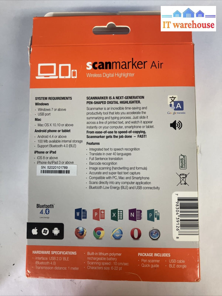 Scanmarker Air Pen Scanner Wireless Bluetooth Ocr Digital Highlighter & Reader ~